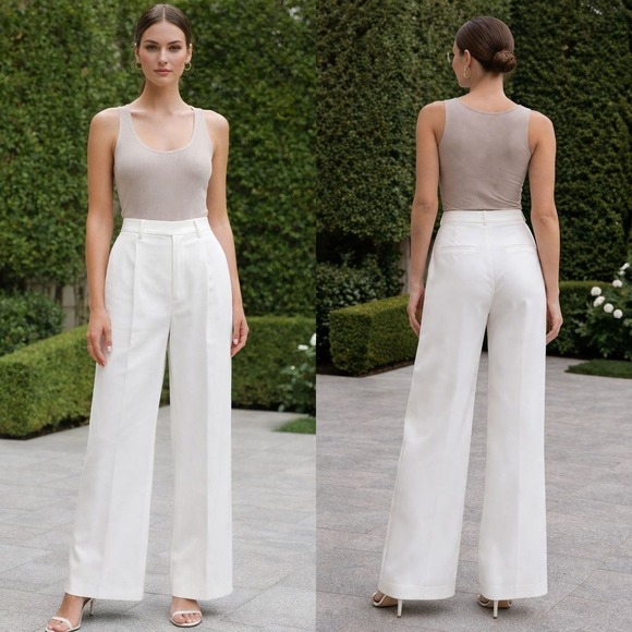 Wayf Pants - WAYF Ivory White High Waisted Wide Leg‎ Pleated Trousers Pants Large Business